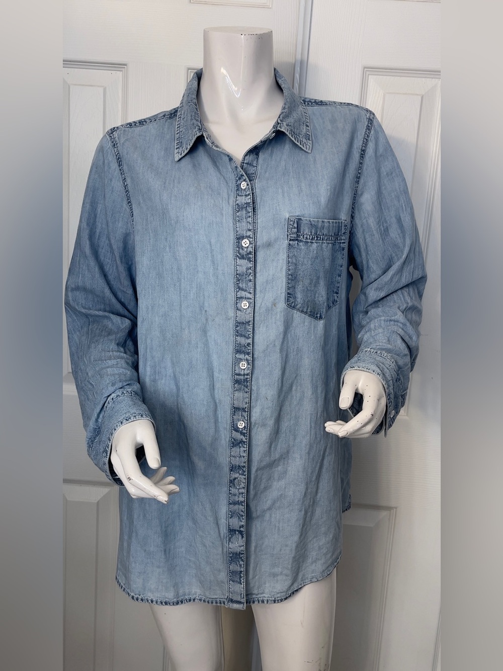 Susina Light Wash Denim Button-Front Blouse